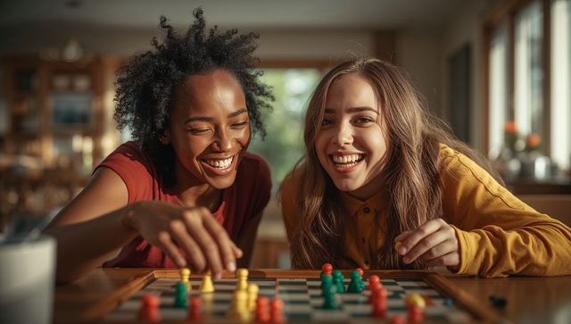 Friends laughing and playing board game with colorful pawns at home, cozy sunlit moment