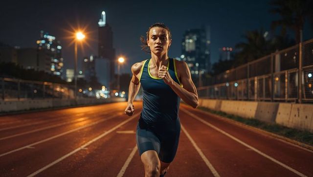 Sprinting Athlete on Night Track with City Skyline Backdrop