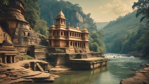 Majestic ancient temple nestled amidst serene riverside landscape