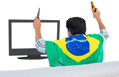Transparent tv watching soccer fan celebrating with beer