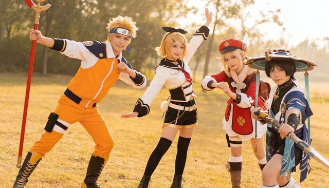 Energetic cosplay squad posing in golden park naruto kagamine rin klee xiao fan group