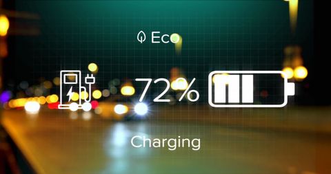Battery Charging Display with Eco Symbols and Urban Background