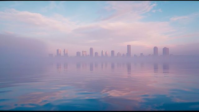 Misty Urban Skyline Reflecting in Calm Waters at Sunrise