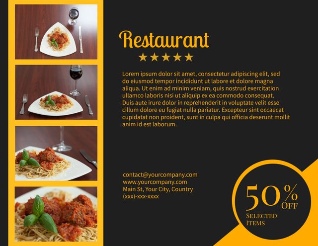 Image showing a promotional advertisement for a restaurant, emphasizing a 50% discount on selected items. Includes appetizing visuals of different pasta dishes to entice customers. Ideal for use in restaurant and catering marketing campaigns, menu designs, or social media promotions to attract food lovers and boost sales.