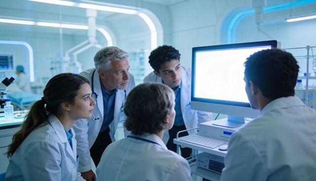 Medical team reviewing research data on bright monitor in modern high-tech laboratory
