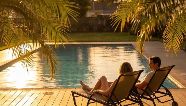 Couple relaxing on poolside loungers at golden hour under palm fronds, backyard oasis