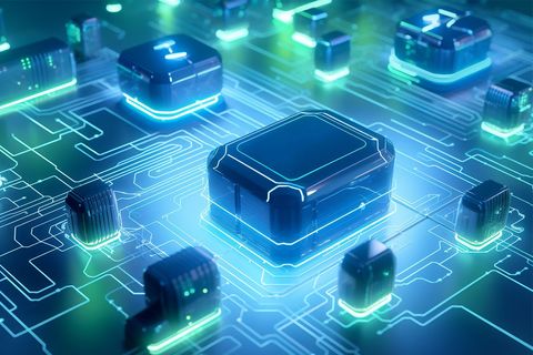 Futuristic circuit board with glowing technology microchips