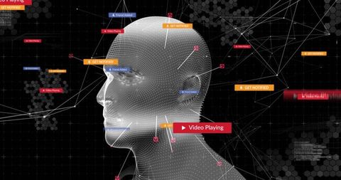 3D Digital Mesh Interface with Futuristic UI Notifications