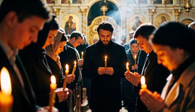 Bearded man holding lit candle during candlelight orthodox worship inside ornate church