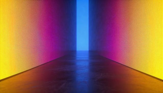 Futuristic neon corridor leading to blue portal with led grid walls and reflective floor