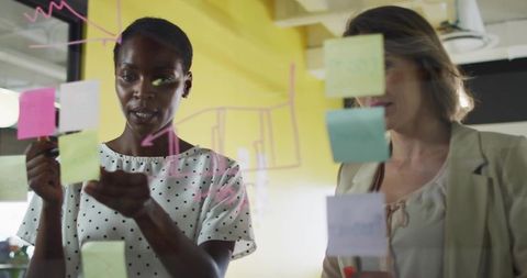 Diverse Female Professionals Brainstorming with Sticky Notes in Modern Office