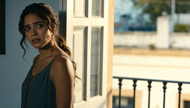 Young woman crying in doorway during golden hour with tear on cheek, emotional portrait