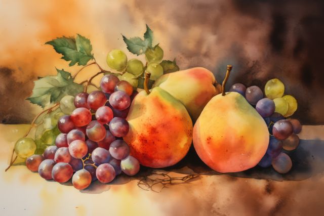 Depicts a beautifully detailed watercolor still life featuring pears and grapes. Useful for art prints, home décor, greeting cards, culinary blogs, magazines, and educational materials, this vibrant composition can inspire and appeal to audiences interested in art and nature.