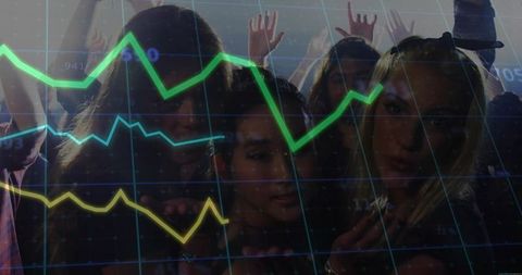 Young Adults Celebrating at Nightclub with Digital Infographics