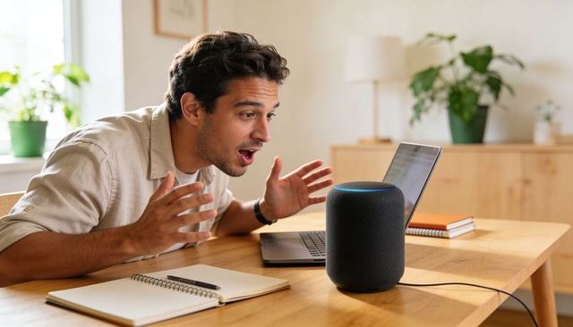 Man engaging with smart speaker in bright home workspace reacting with surprise