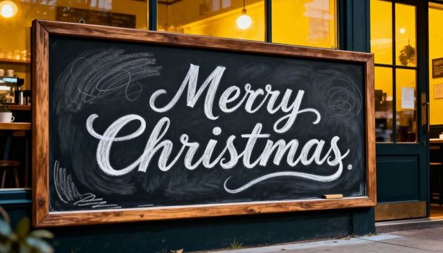Merry Christmas Chalkboard Sign Outside Cozy Cafe with Handwritten White Cursive