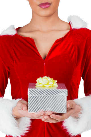 Transparent christmas gift giving with happy woman holding present