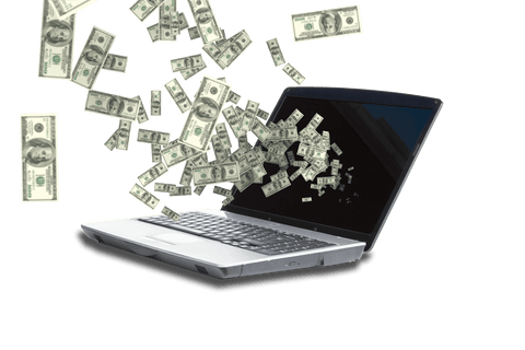 US Dollars Flowing from Open Laptop on Transparent Background