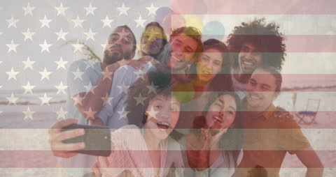 Diverse Friends Taking Selfie with US Flag Overlay at Beach