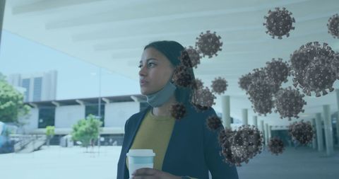 Woman Holding Coffee with COVID-19 Graphic Overlay