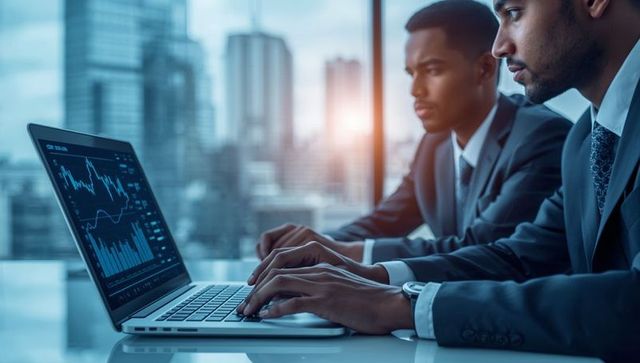 Professionals Analyzing Financial Stock Data on Laptop