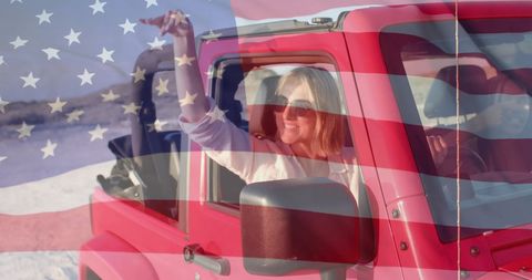 Woman Enjoying Beach Drive with USA Flag Overlay