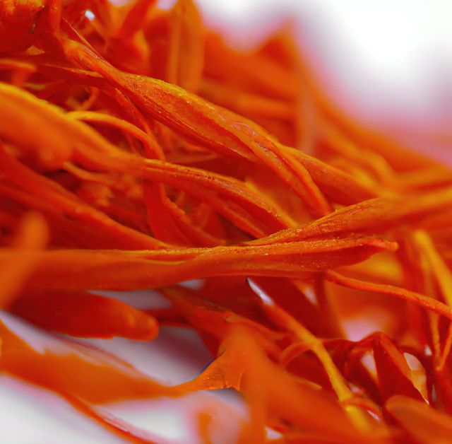 Close up of stack of saffron created using generative ai technology. Nature, seasoning and flavour concept, digitally generated image.