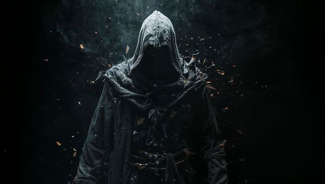 Enigmatic Hooded Warrior in Fantasy Embers on Dark Abyss