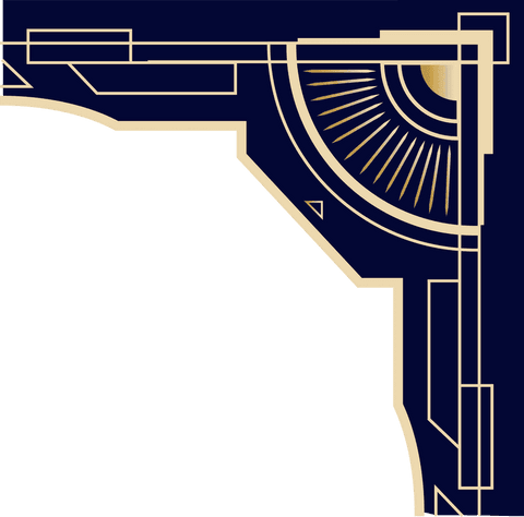 Art deco corner frame on transparent background with gold and teal design