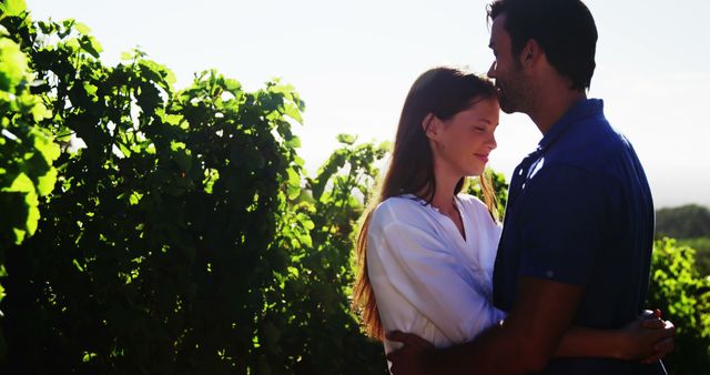 Couple embracing romantically in a vineyard at sunset. Suitable for use in relationship blogs, romance novels covers, wedding invitations, or dating websites. Highlights themes of love, nature, tranquility, and connection.