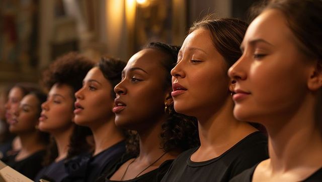 Female Choir Singing in Ornate Cathedral Wearing Concert Black and Holding Choir Books