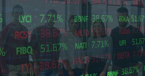 Dynamic financial data overlaying silhouetted team in urban setting
