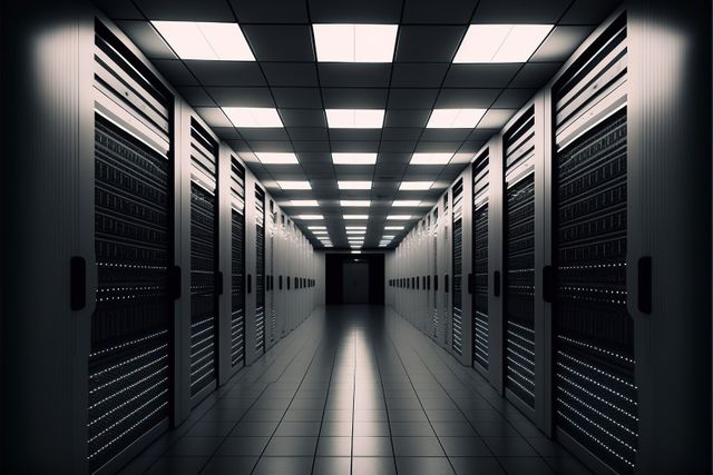 Image of empty server room corridor, created using generative ai technology. Global technology and server room concept, digitally generated image.