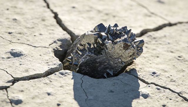 Shiny black crystal cluster emerging from cracked dry clay lakebed casting sharp shadow