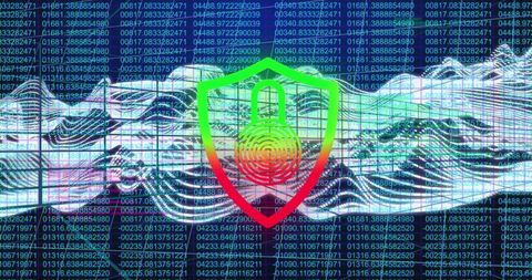 Protecting data with neon shield and fingerprint lock over digital code wave grid