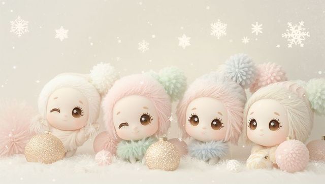 Pastel pom-pom plush dolls wearing knit hats on faux snow with gold glitter baubles