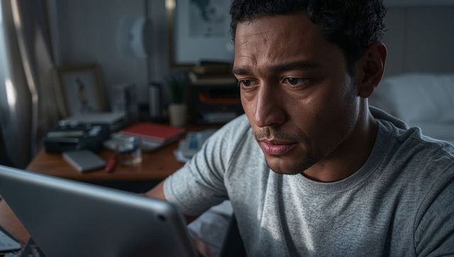 Focused man studying tablet at home desk with moody daylight and red notebook