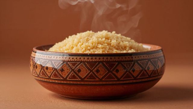 Steaming couscous in moroccan ceramic bowl with geometric glaze on warm brown backdrop