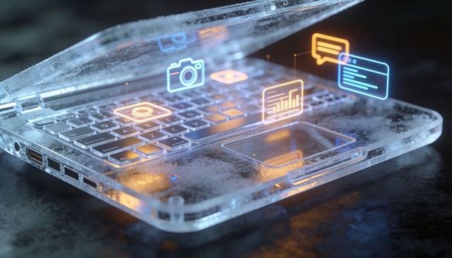 Glowing glass laptop with floating holographic icons showing data camera chat neon ui