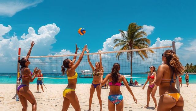 Women playing beach volleyball on tropical white sand under palm trees and bright blue sky