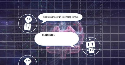 Futuristic ai chat interface with glowing brain, binary stream and robot avatar neural ui