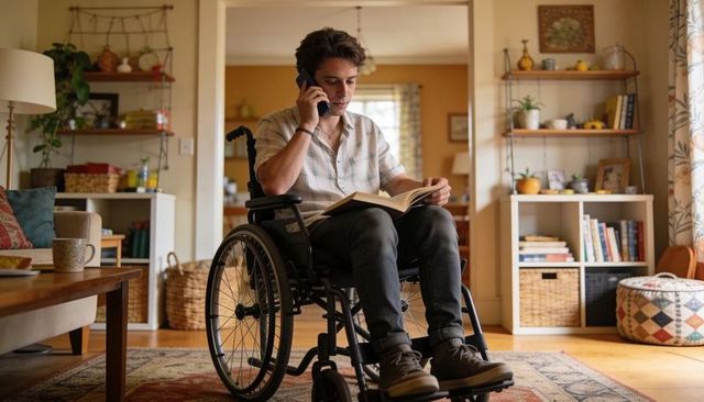Man in wheelchair reading book and talking on phone in cozy accessible living room