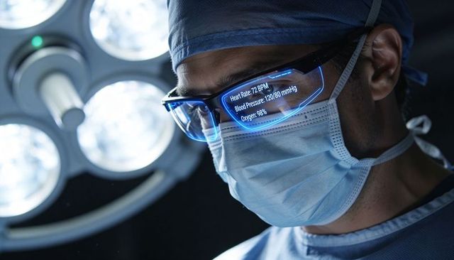 Surgeon wearing ar glasses reading live patient vitals during high-tech surgery