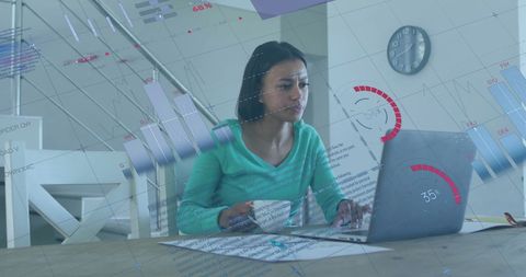 Woman analyzing financial data on laptop with graph overlays