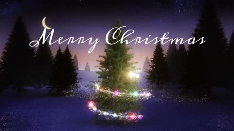 Merry Christmas Greeting with Winter Tree and Moonlit Sky