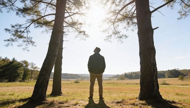 Standing man gazing toward sunlit horizon between pine trees in golden meadow, backlit solitude