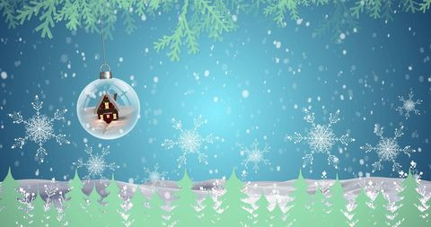 Christmas snow globe hanging amidst falling snow and fir trees