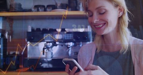 Barista checking smartphone while tracking cafe sales analytics with espresso machine