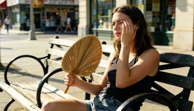 Young woman shielding eye and fanning on sunlit city bench with woven palm leaf fan