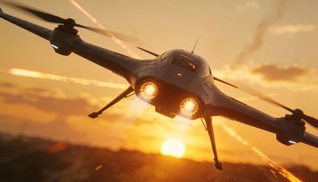 Futuristic VTOL drone approaching at sunset with glowing twin engines and tip rotors